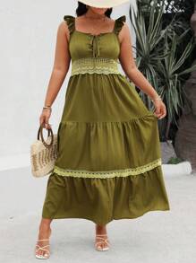 Flirla Plus Size Women Gothic Floral Lace Decorated Dress - Army Green - View 6