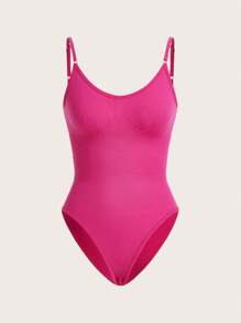 Easithlete Summer Solid Color Hot Pink Sports Bodysuit With Spaghetti Straps - Hot Pink - View 1