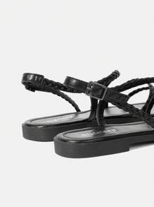 Styleloop 女士實色休閒平底涼鞋，夏日度假鞋款夏季特惠 - 黑色 - 查看 3