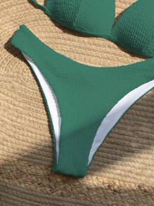 SHEIN Swim 夏季沙灘女性假珍珠鏈連接頸項掛脖簡約時尚比基尼套裝 - 墨綠色 - 查看 4