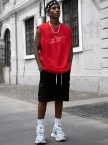 PAVTROS Manfinity Streetrush Men Loose Dual Mesh Letter Print Tank Top, Street Style, Summer - Burgundy - View 2