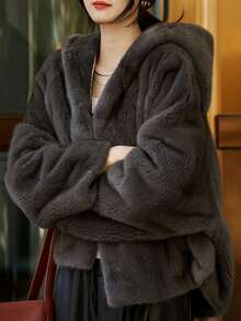 Women Plain Minimalist Hooded Fleece Jacket - Grey - View 4