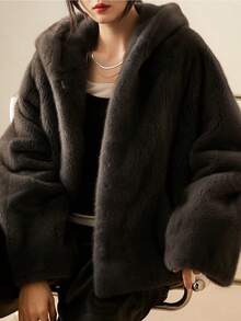 Women Plain Minimalist Hooded Fleece Jacket - Grey - View 5