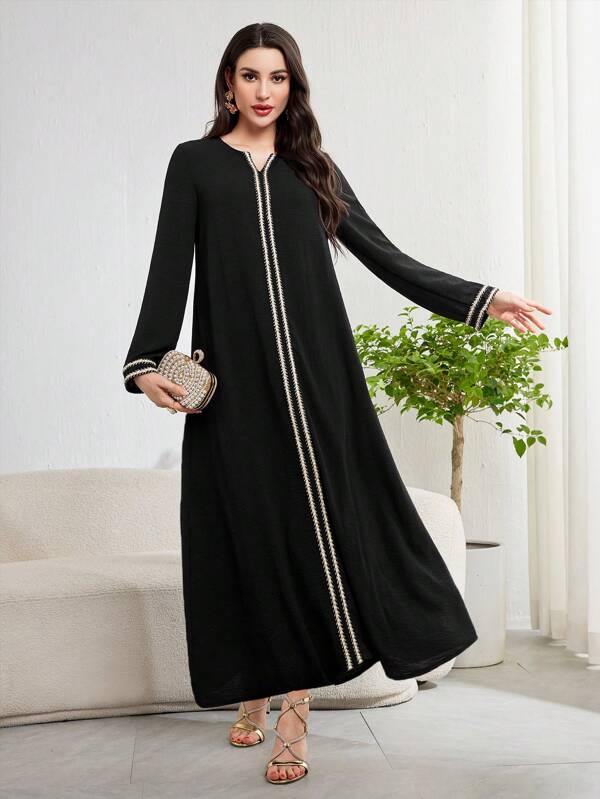 Al Najma Women Loose Elegant Arabesque Dress With Splicing Woven Belted Long Sleeves, Under Abaya Inner Dress, Modest Full Length Jalabiya