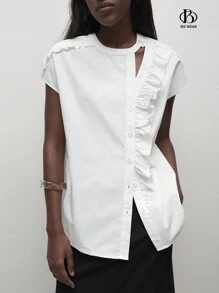 BizChic Women's Summer Casual Solid Color Hollow Out Ruffle Hem Business Leisure Shirt