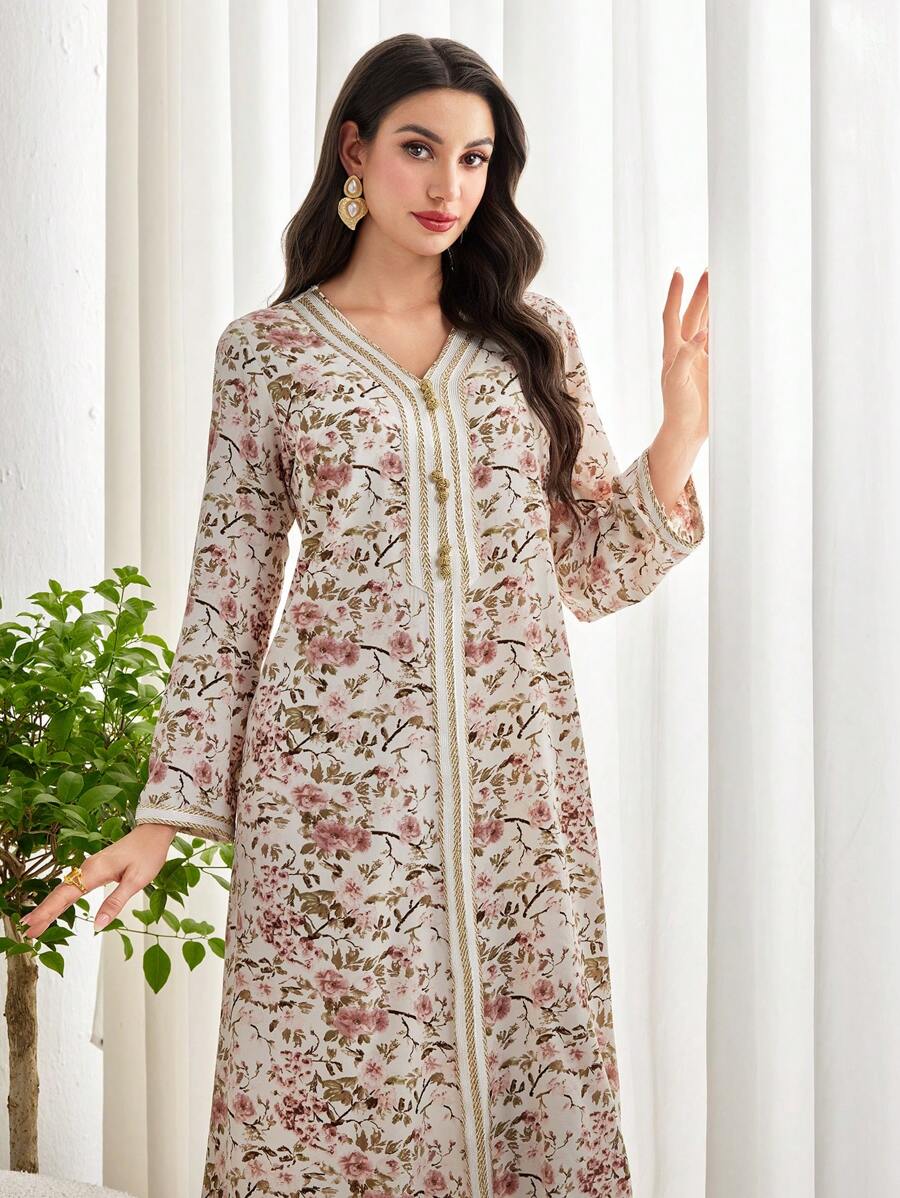 Al Najma Women Elegant Floral Printed Long Sleeve Dress, Modest Full Length Jalabiya, Casual Long Sleeve Dress - Multicolor - View 1