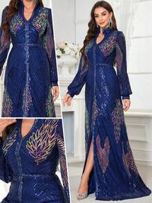 Women's Long Sleeve Sequin Modest Dress With V-Neckline Arabian Robe Style (Non-Placement Cut Flower) - Navy Blue - View 6
