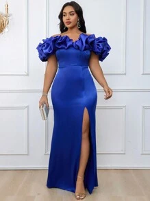 SHEIN Belle Vestido formal de talla grande estilo sirena azul con decoraciones 3D, escote en V profundo, hombros descubiertos, ajuste delgado y sexy, abertura lateral alta y elegante cola maxi para fiestas o cenas nocturnas de gala. - azul real - Ver 1
