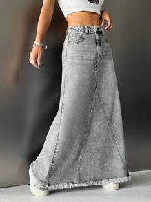 SHEIN ICON Váy denim thường ngày dành cho nữ có túi vá và viền sờn - Màu Xám nhạt - Xem 5