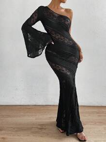 Chiquease Rochie sexy subțire, cu mânecă trompetă, cu un umăr, material din dantelă - Negru - Vizualizare 6
