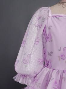 SHEIN Tween Girls Floral Print Chiffon Dress With Puff Sleeves And Frill Trim For Tween Girls, Suitable For Vacation, Performance, Wedding, Party, All Seasons - Purple - View 3