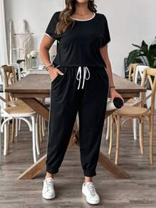 SHEIN LUNE 大码女式简约纯色圆领短袖上衣和短裤套装，适合夏季日常穿着