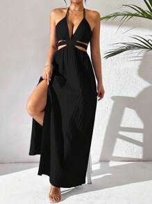 Breezaya Women Deep V-Neck Hollow Out Slit Solid Color Party Dress With Halter Maxi Vacation Beach Outfit - Black - View 4