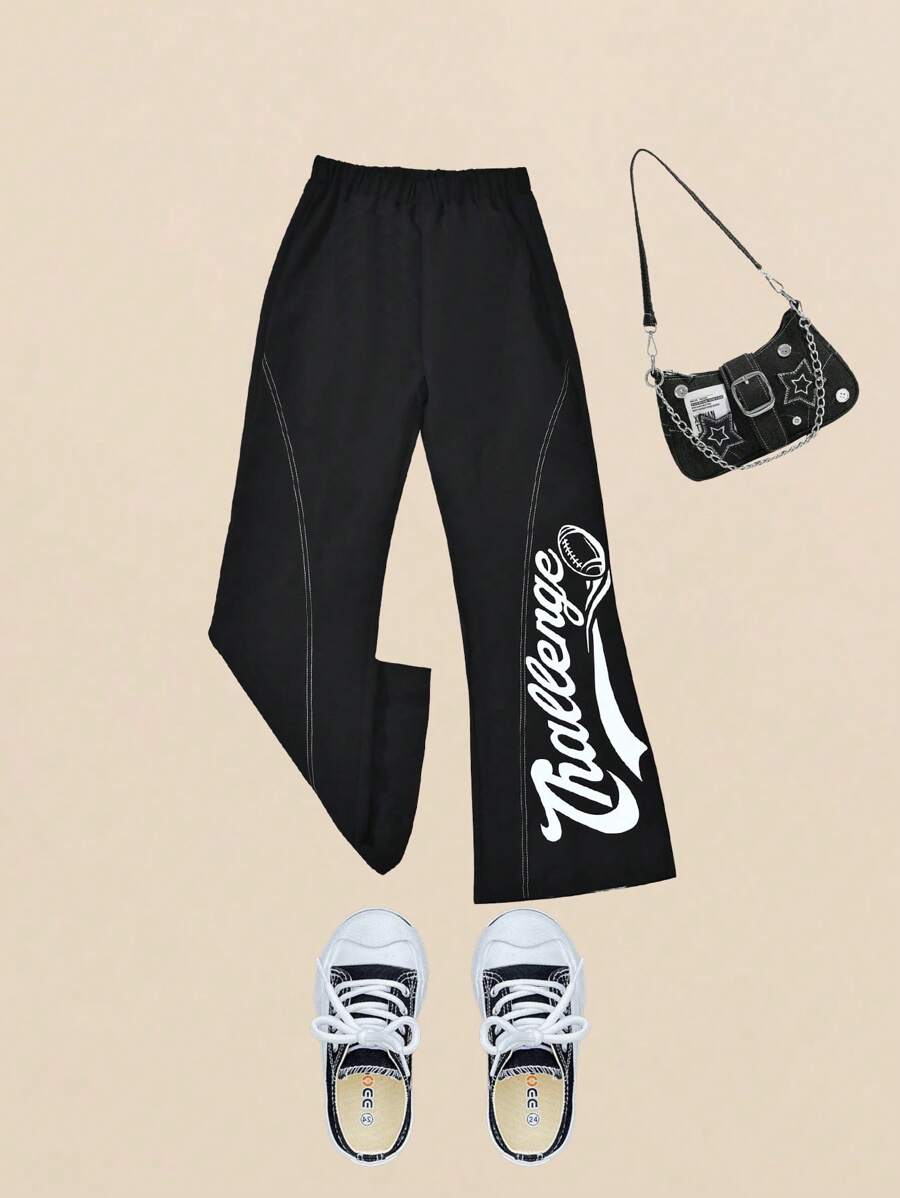 SHEIN Teen Girl Letter Graphic Wide Leg Pants - Black - View 1