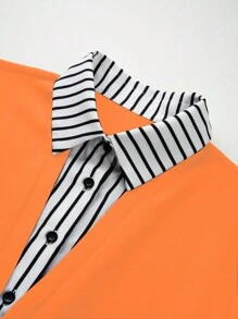 SHEIN Unity Spring And Autumn Casual Striped Patchwork 2 In 1 Long Sleeve Shirt - Orange - View 4
