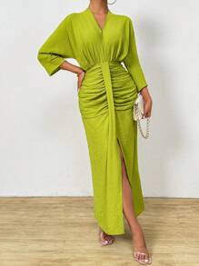 Calvaya Vestido con pliegues y cinturón de cintura para mujer con cuello en V a la moda