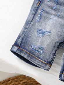 SHEIN Short en jean délavé, déchiré et décontracté avec haute élasticité pour bébé garçon, été - Jean bleu - Voir 3