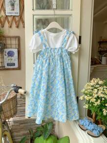 SHEIN Fetă tânără tricotată uni cu gât rotund cu mâneci bufante și costum rochie cu bretele florale țesute