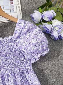 Tween Girls' Puff Sleeve Floral Print Square Neck Pleated Dress,Holiday,Summer,Travel - Purple - View 7