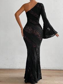 Chiquease Rochie sexy subțire, cu mânecă trompetă, cu un umăr, material din dantelă - Negru - Vizualizare 2