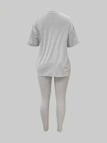 INAWLY Solva Ladies Summer Casual Loose Solid Color T-Shirt And Leggings 2pcs/Set - Grey - View 3