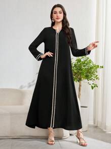 Al Najma Women Loose Elegant Arabesque Dress With Splicing Woven Belted Long Sleeves, Under Abaya Inner Dress, Modest Full Length Jalabiya