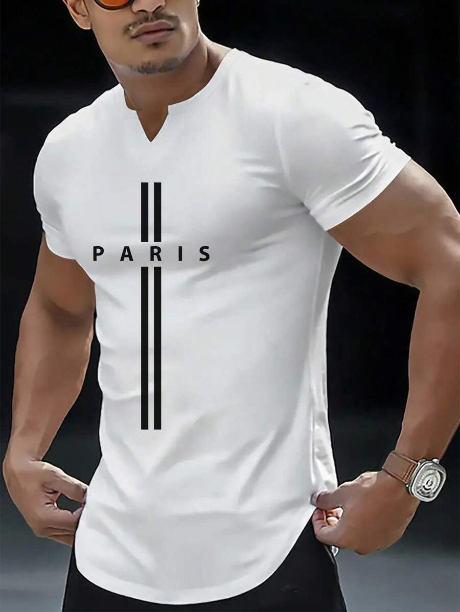 Manfinity Dauomo Men's Letter Print Short Sleeve T-Shirt With Notched Collar - White - View 1