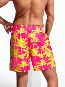 Arcluno Hombres Suelto Bermudas de Playa con impresión de Palmeras en la Cintura con cordón para vacación (patrón de corte aleatorio) - Multicolor - Ver 2