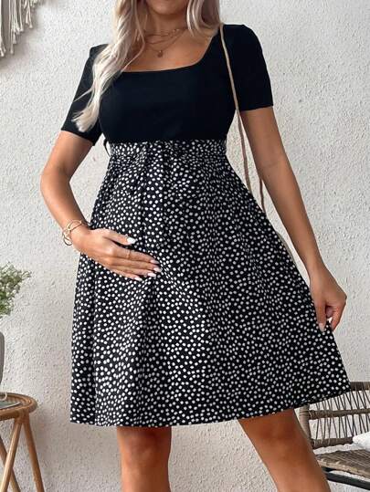 SHEIN Maternity Summer Square Neck Short Sleeve Patchwork Floral Print Casual Dress