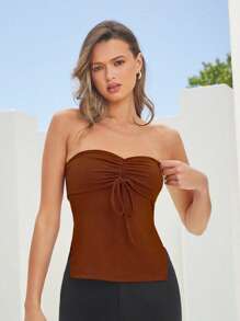 Forever 21 女性度假休閒純色側開叉露肩上衣，附束繩 - 棕色 - 查看 5