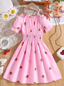 少女夏季度假草莓印花收緊腰帶長裙 - 粉色 - 查看 1