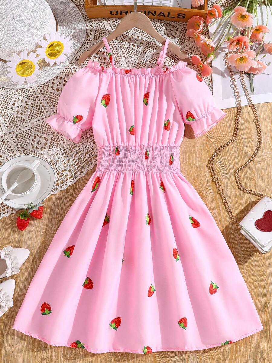 少女夏季度假草莓印花收緊腰帶長裙 - 粉色 - 查看 1