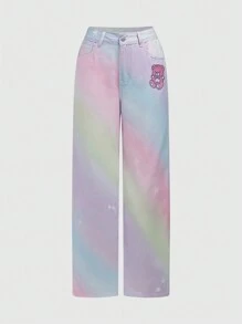 ROMWE Kawaii 可愛多彩的寬腿寬鬆牛仔褲，熊貓印花口袋設計，適合女性 - 彩色 - 查看 1