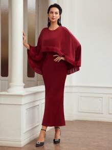 MOTF PREMIUM SOLID FRINGE TRIM MERMAID HEM CAPE DRESS - Red - View 5