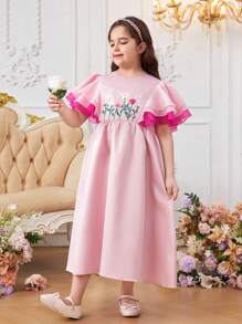 SHEIN Tween Girls Plus Size Casual Broderad Mesh Panel Färgblock Rund Hals Ruffle Trim Klänning, vår/sommar