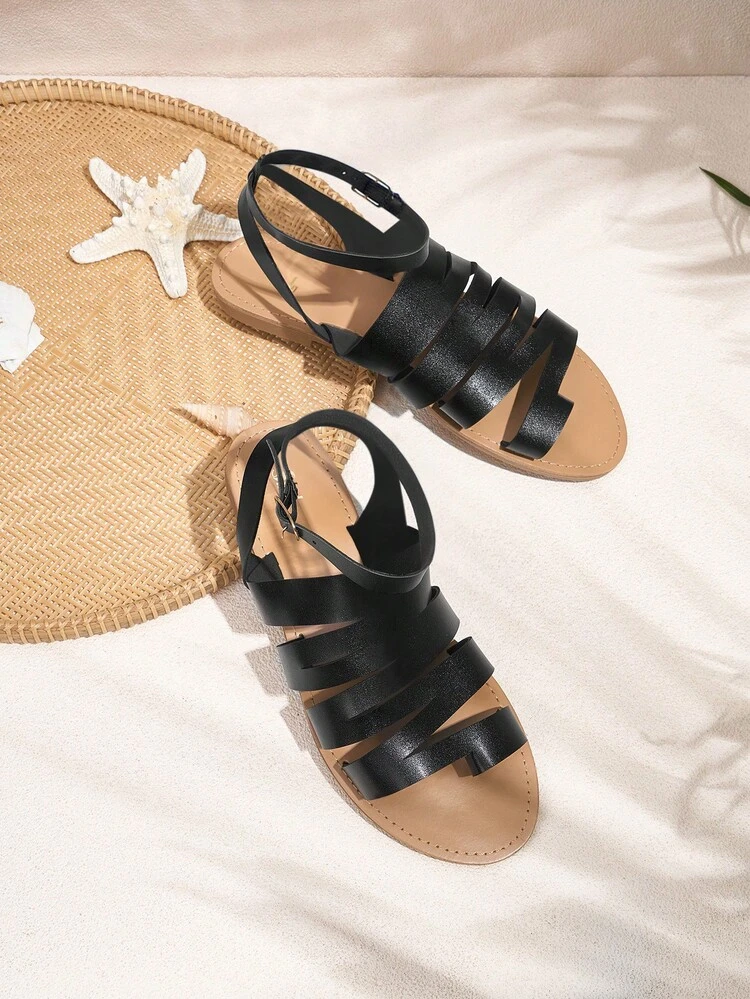Ladies' Solid Color Flat Pu Leather Sandals Vacation Shoes Summer