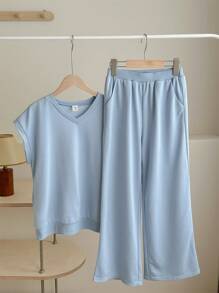 SHEIN Tween Girls' Knit Solid Color Loose Fit V-Neck Casual T-Shirt And Wide-Leg Knit Casual Pants Set - Blue - View 3