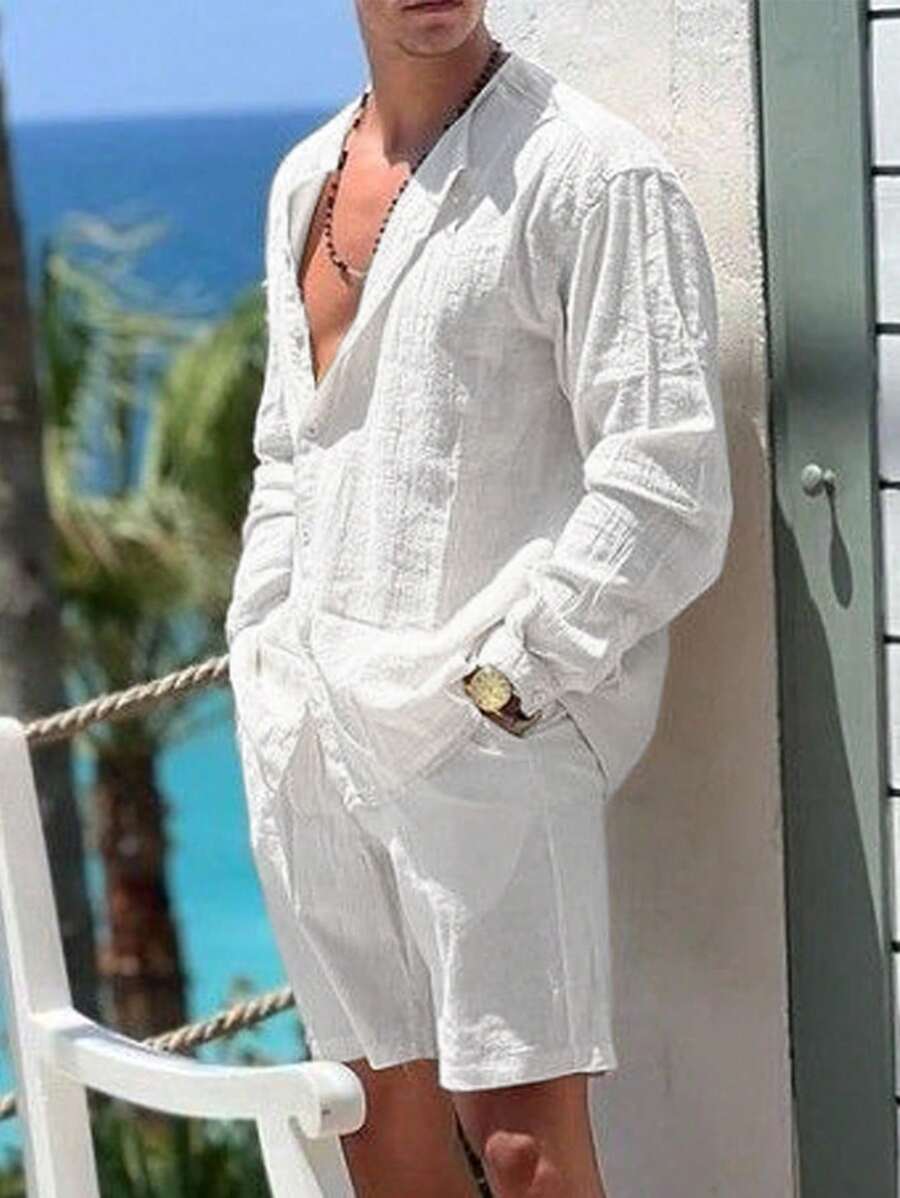 Manfinity RSRT Men Vacation Casual Long Sleeve Shirt And Shorts Set, Fall Clothes, Cozy Outfits - White - View 1