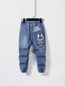 SHEIN Young Boy Street Fashionable Face Emoji Alphabet Doodle Printing Elastic Elastic Waist Binding Leg Baggy Jeans For Summer Vacation And Dailywear - Blue - View 2