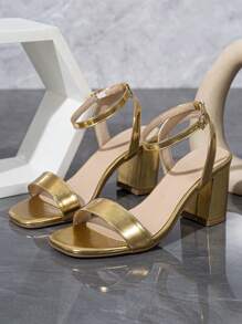 Spring/Summer Women's Fashion Square Toe Chunky Heel Strap Gold Color High Heel Sandals - Gold - View 4