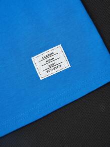 SHEIN Tween男孩休閒街頭風鬆身針織T卹，配泡沫印刷字母圖案和標籤，圓領，套頭式 - 寶藍色 - 查看 5