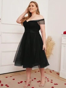 Plus Off Shoulder Wrap Cross Mesh Dress - Black - View 6