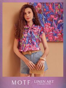 MOTF PREMIUM ALLOVER PRINT TIE NECK RUFFLE ARMHOLE BLOUSE