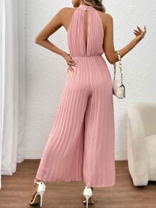 SHEIN Clasi Women Summer Casual Solid Color Pleated V-Neck Wide Leg Jumpsuit