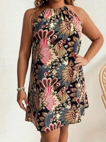 EMERY ROSE Plus Size Nữ Ngắn Lông Công In Halterneck Kỳ Nghỉ Mini Đầm Cho Mùa Hè - Nhiều màu - Xem 4