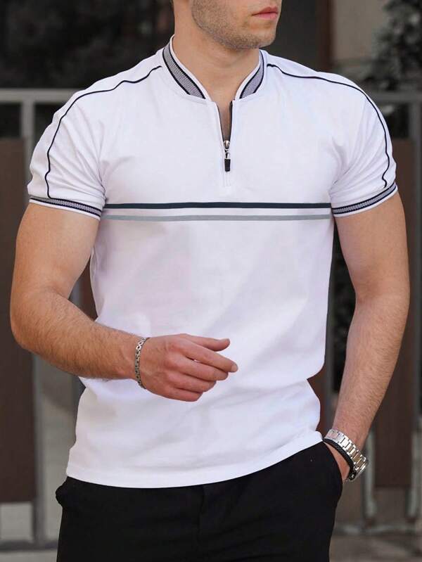 Manfinity Mode Men Simple Zip Work Business Casual Polo Shirt With Stripes Embellishment, For Husband, For Golf