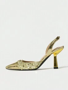 女士亮片裝飾尖頭細高跟拖鞋，春夏熱門款式適合派對、舞蹈俱樂部、約會、購物等場合，金色 - 金色 - 查看 3