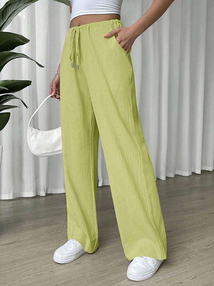 SHEIN EZwear سروال نسائي صيفي بلون سادة واسع الساق عارضة مع رباط على الخصر وجيوب جانبية - أخضر ليمون - مشاهدة 3