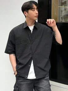 DAZY Camisa de manga corta para hombre de unicolor con botones frontales y cuello con solapa para el verano