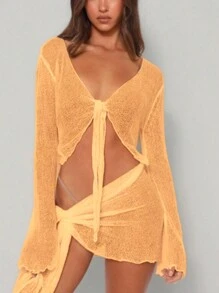 1 套时尚性感女士打结长袖罩衫和半身裙夏季